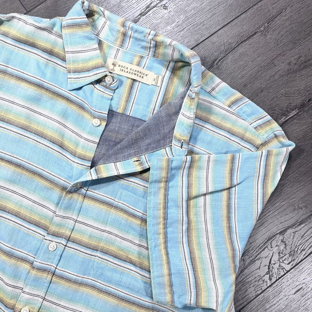 Boca Classics Hawaiian Shirt XXL Blue Yellow Stripes Cotton Aloha Comfort Island